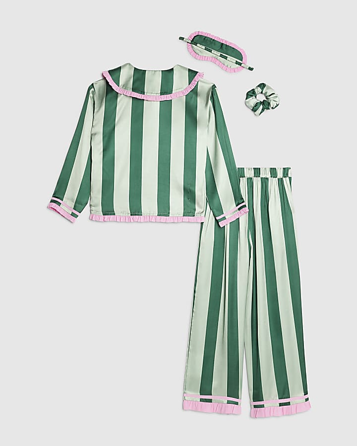 Nephthys Girls Green Stripe Satin Pyjama Set