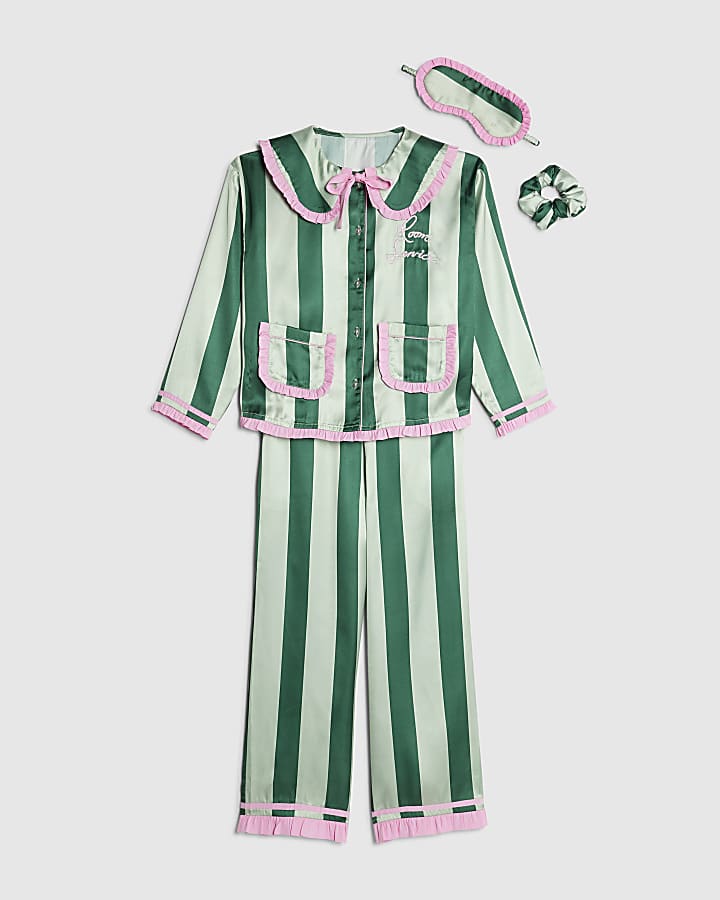 Nephthys Girls Green Stripe Satin Pyjama Set