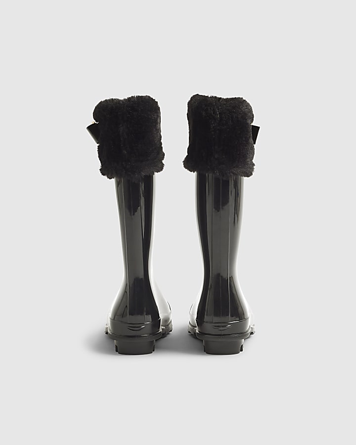 Girls Black Fur Lined Wellies