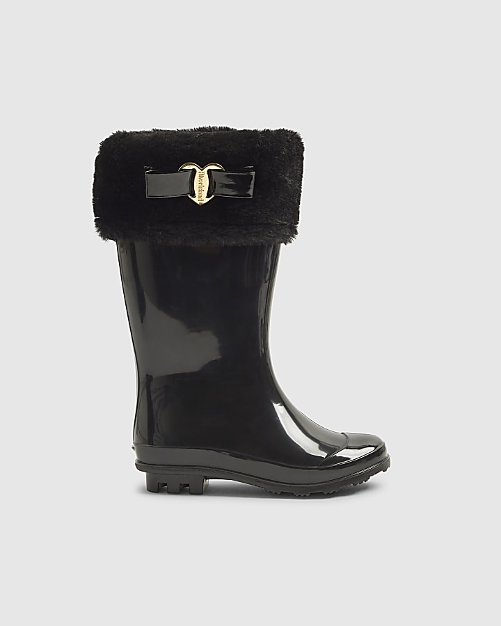 Girls Black Fur Lined Wellies