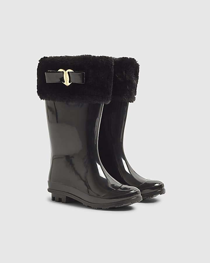Girls Black Fur Lined Wellies