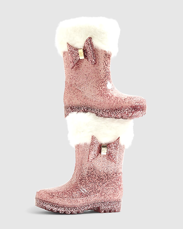 Mini Girls Pink Faux Fur Glitter Welly Boots