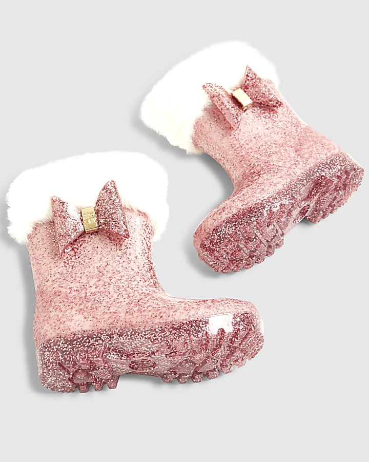 Mini Girls Pink Faux Fur Glitter Welly Boots