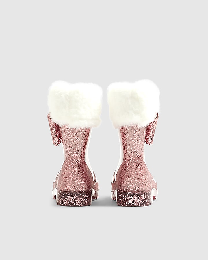Mini Girls Pink Faux Fur Glitter Welly Boots