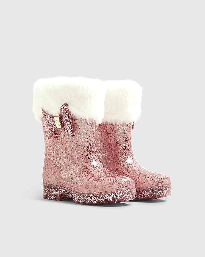 Mini Girls Pink Faux Fur Glitter Welly Boots