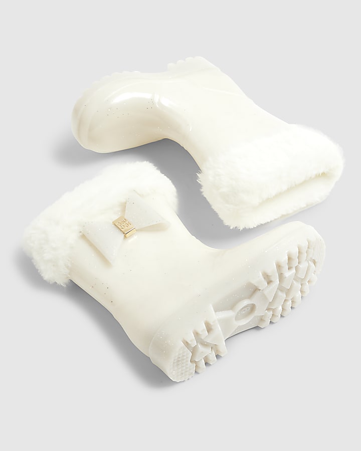 Mini Girls Cream Faux Fur Glitter Welly Boots