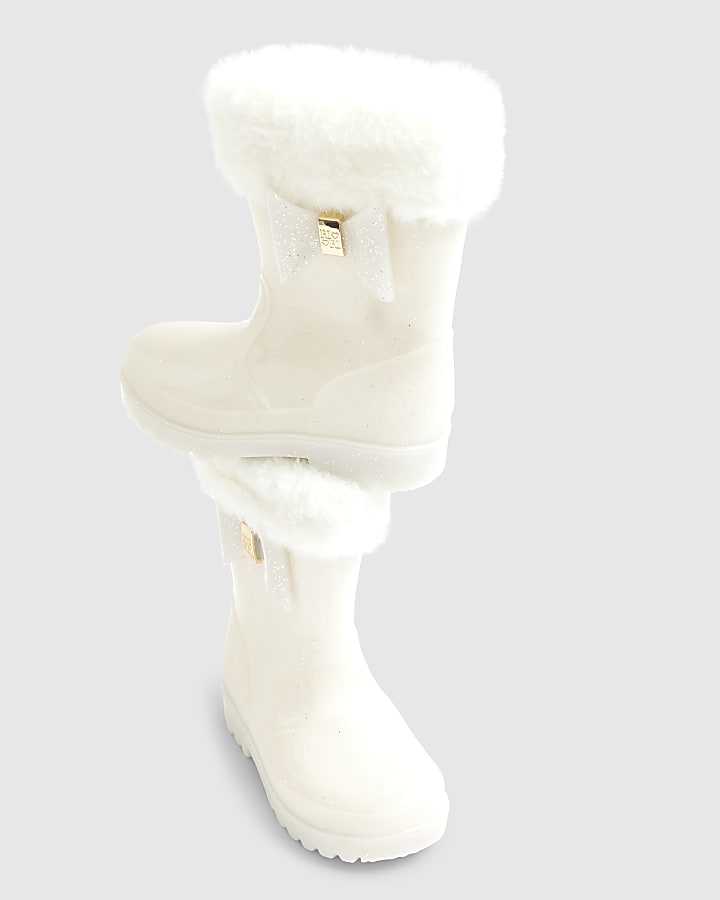 Mini Girls Cream Faux Fur Glitter Welly Boots