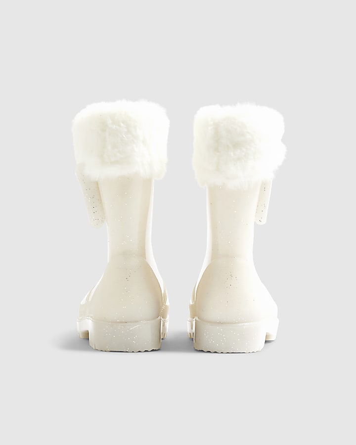 Mini Girls Cream Faux Fur Glitter Welly Boots