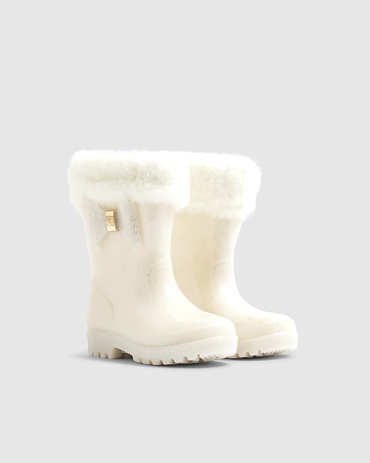 Mini Girls Cream Faux Fur Glitter Welly Boots