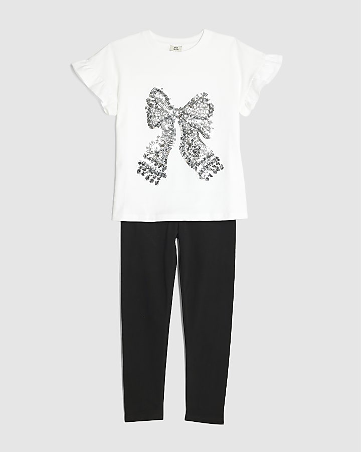 Girls White Sequin Bow Top And Leggings Set