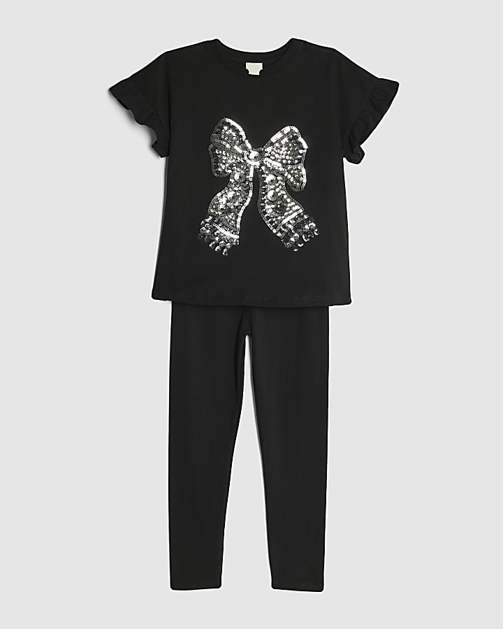 Girls Black Sequin Bow Top And Leggings Set