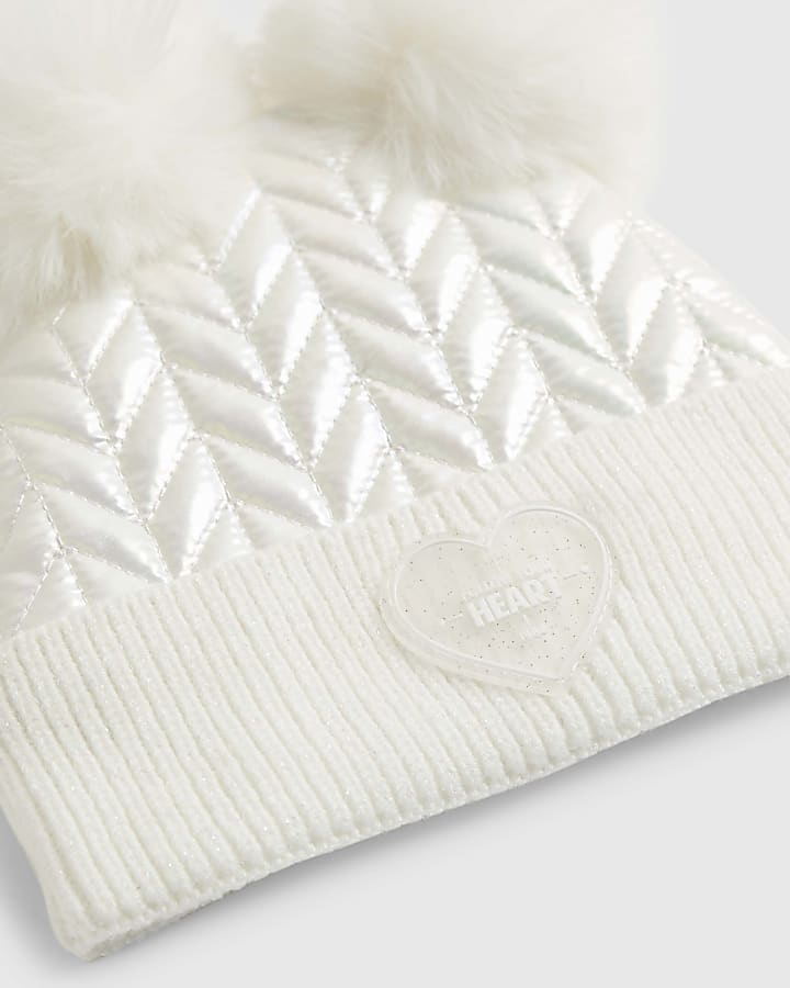 Mini Girls Cream Quilted Beanie Hat