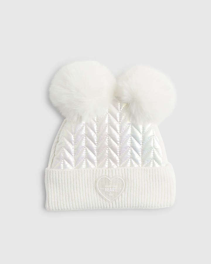 Mini Girls Cream Quilted Beanie Hat