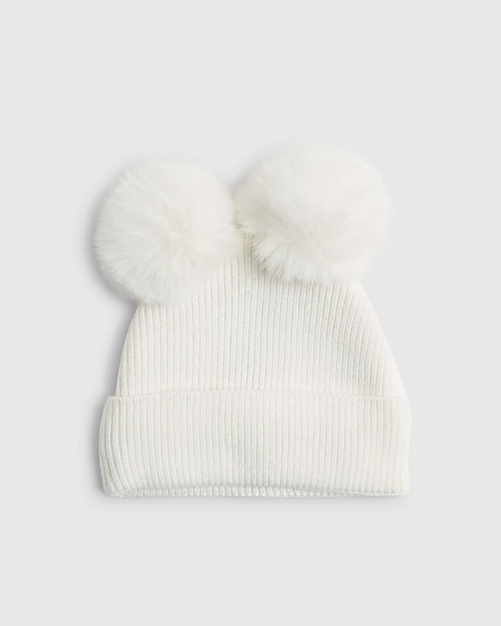 Mini Girls Cream Quilted Beanie Hat