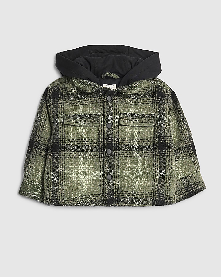 Mini Boys Green Borg Check Hooded Overshirt