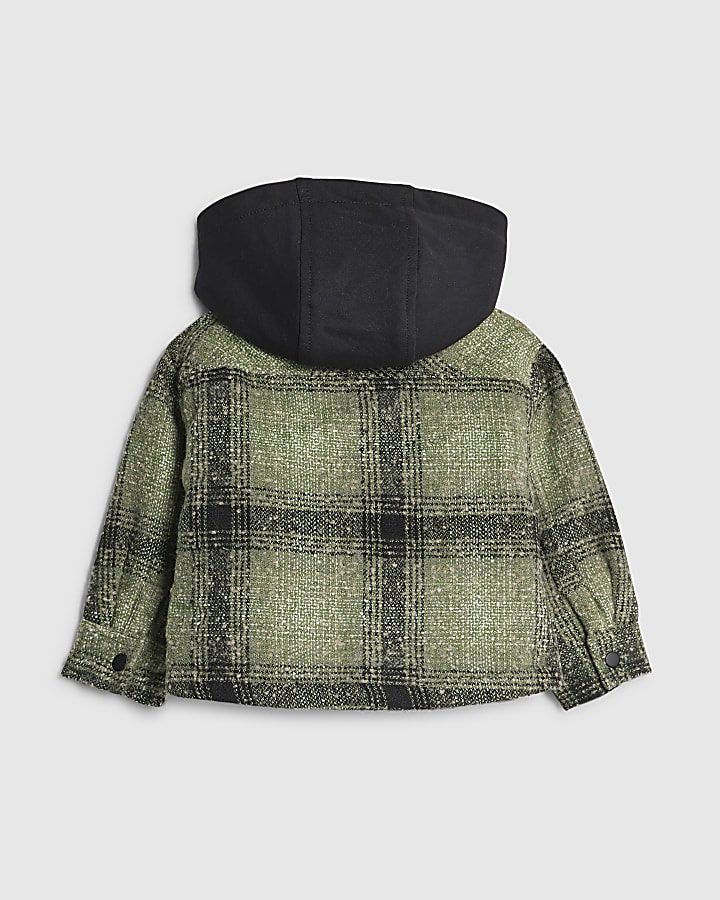 Mini Boys Green Borg Check Hooded Overshirt