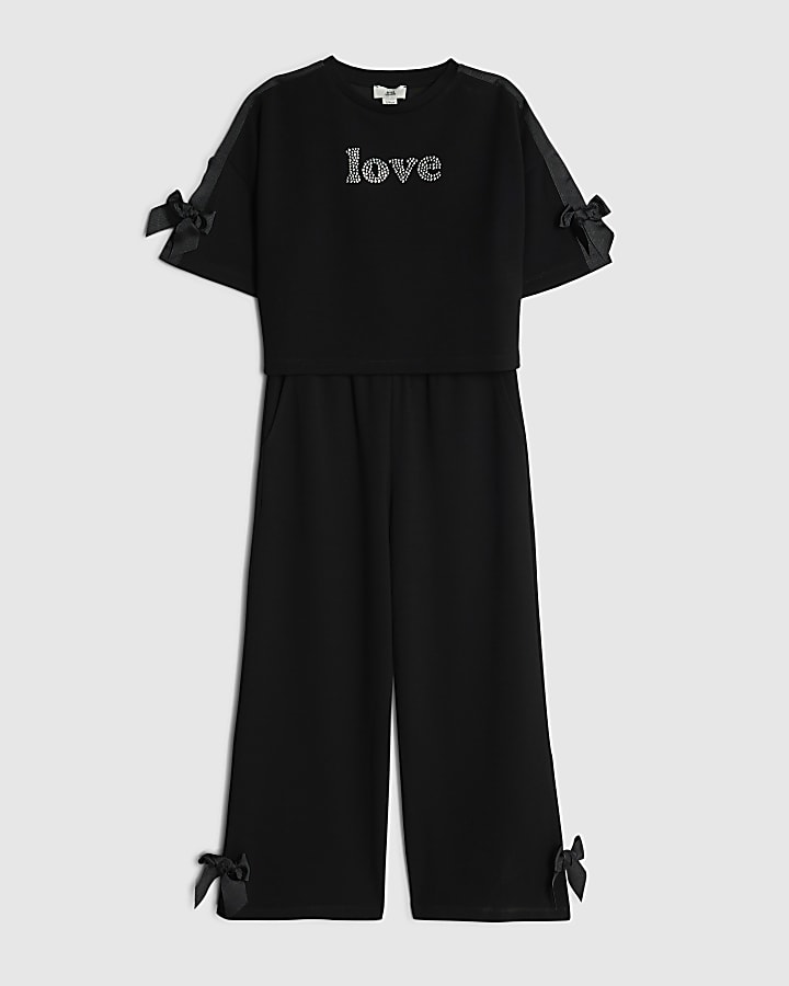 Girls Black Love Bow T-Shirt And Joggers Set
