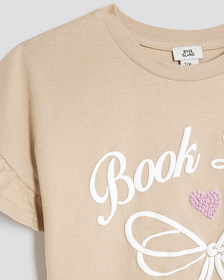 Girls Beige  Book Lover Frill T-Shirt