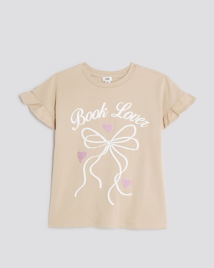 Girls Beige  Book Lover Frill T-Shirt