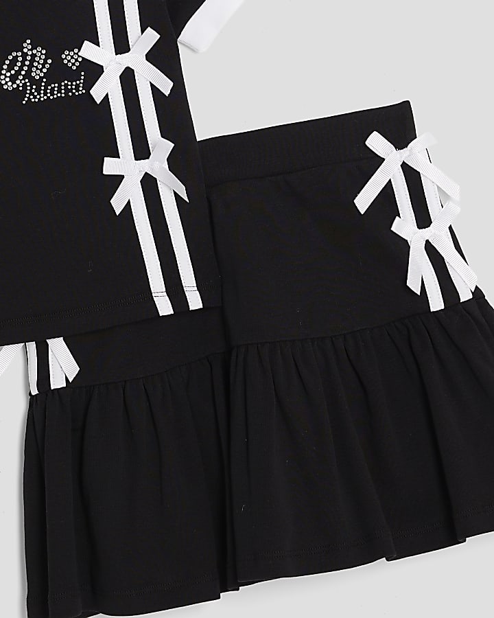 Girls Black Polo Shirt And Skirt Bow Set