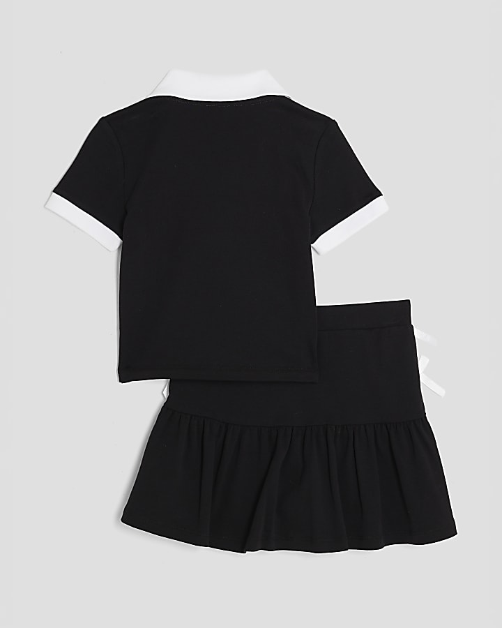 Girls Black Polo Shirt And Skirt Bow Set