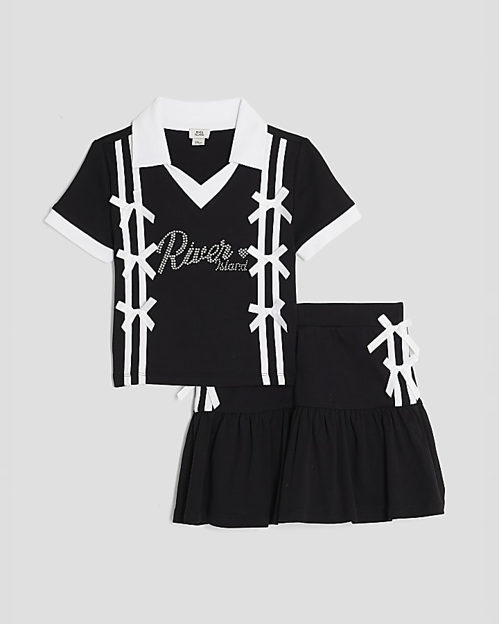 Girls Black Polo Shirt And Skirt Bow Set