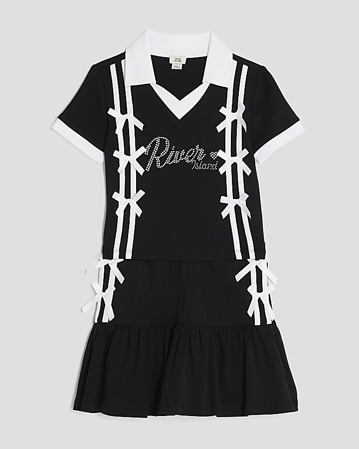 Girls Black Polo Shirt And Skirt Bow Set