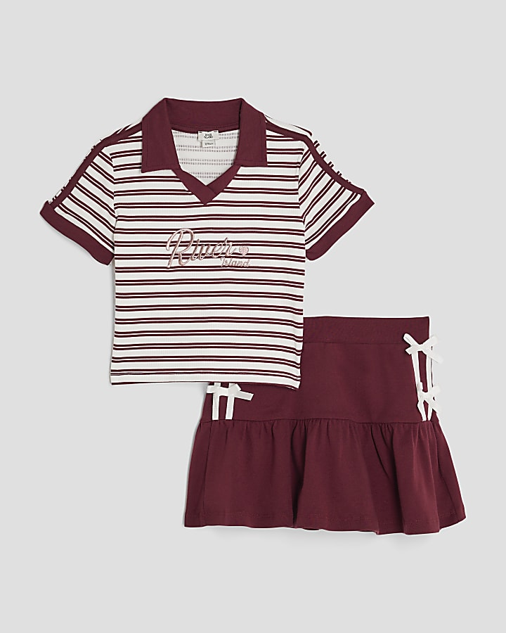 Girls Red Stripe Polo and Skirt Set