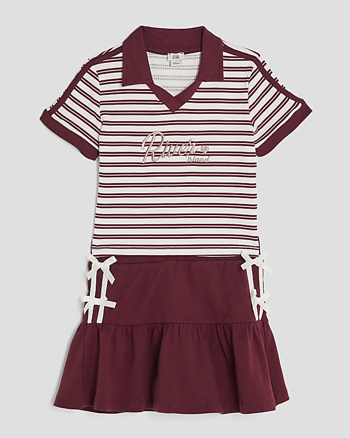 Girls Red Stripe Polo and Skirt Set
