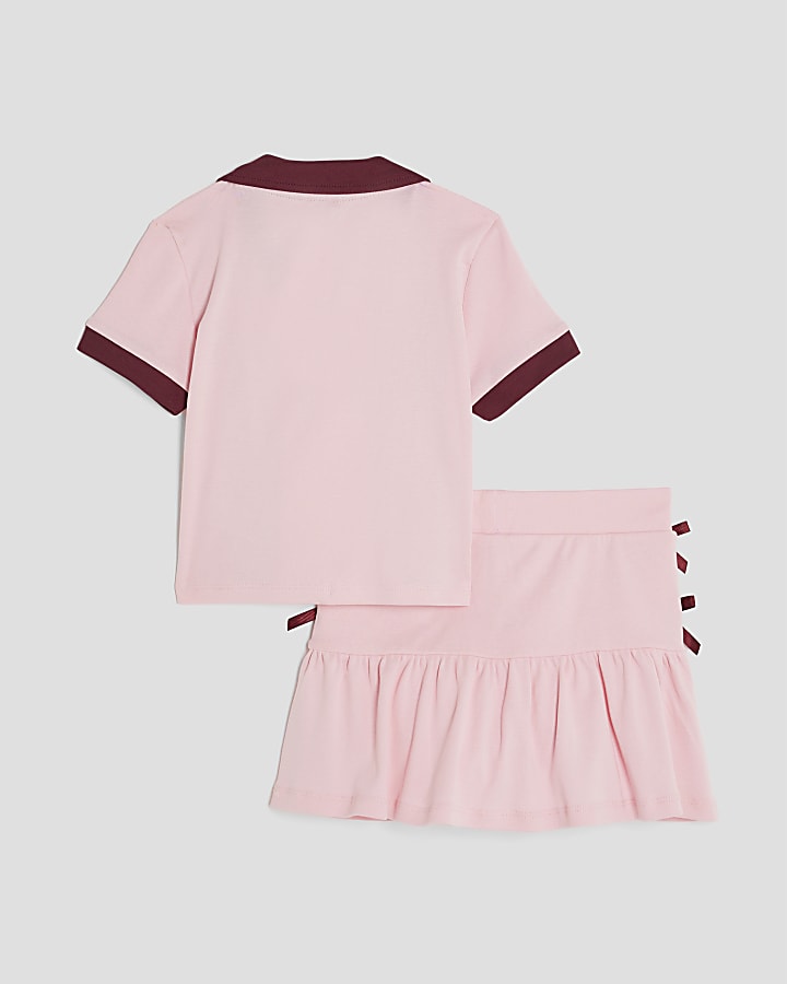 Girls Pink bow polo top and skirt set