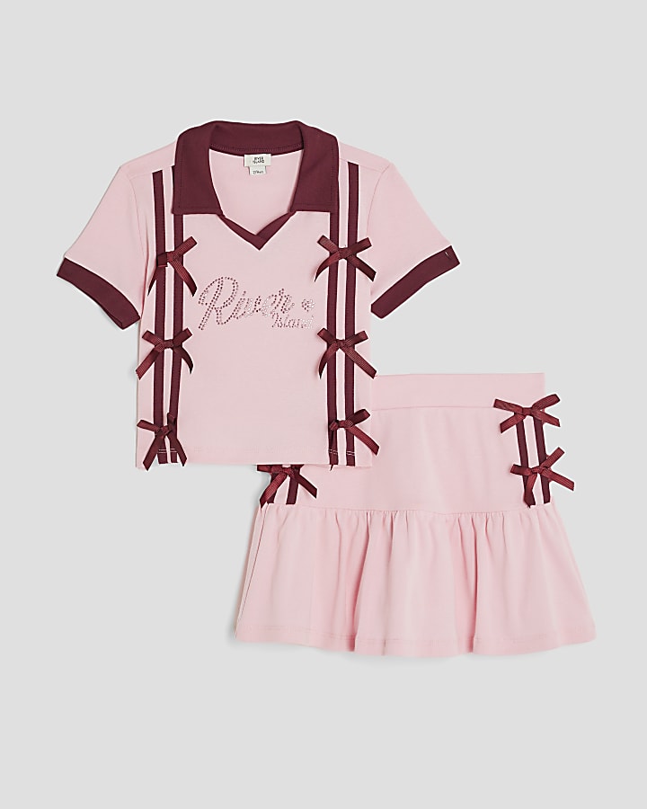 Girls Pink bow polo top and skirt set