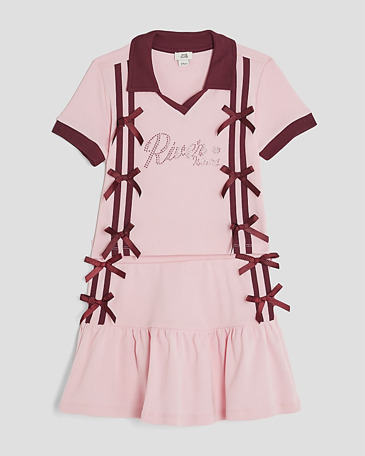 Girls Pink bow polo top and skirt set