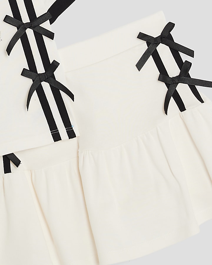 Girls Cream Polo Shirt And Skirt Bow Set