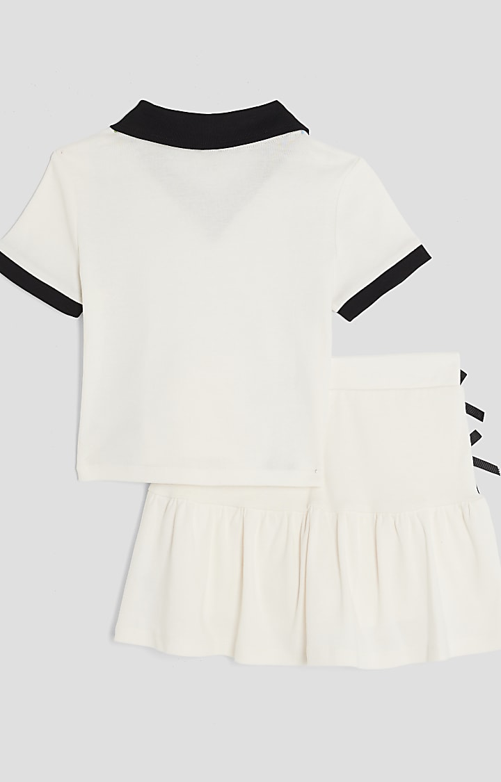 Girls Cream Polo Shirt And Skirt Bow Set