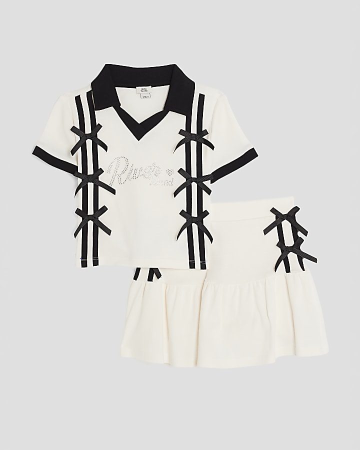 Girls Cream Polo Shirt And Skirt Bow Set