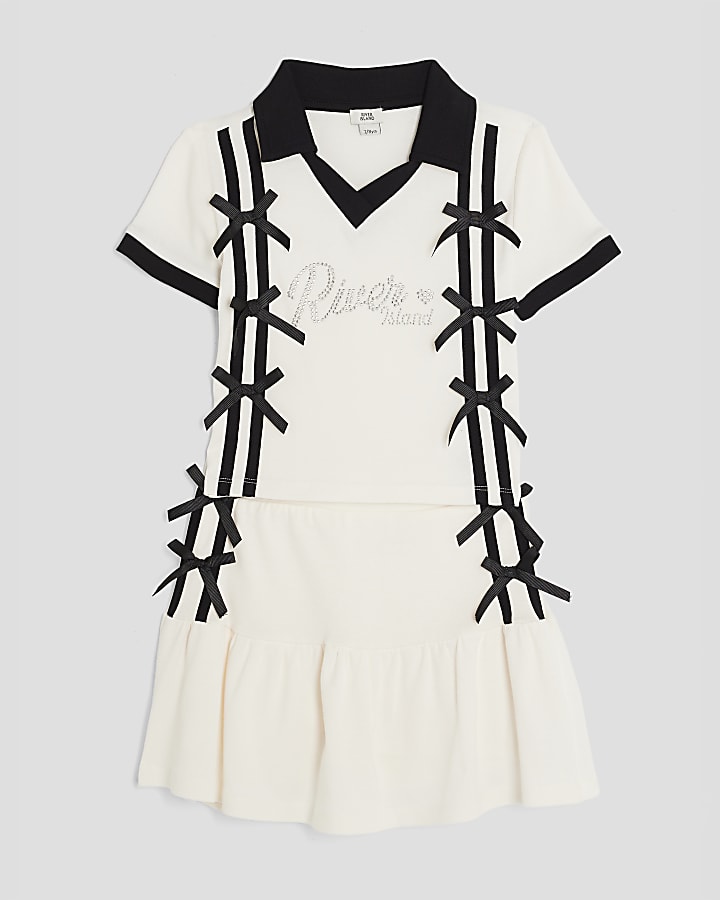 Girls Cream Polo Shirt And Skirt Bow Set