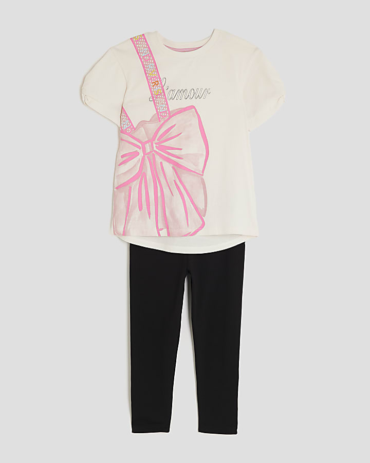 Mini Girls cream L'amour Bow Bag T-Shirt Set