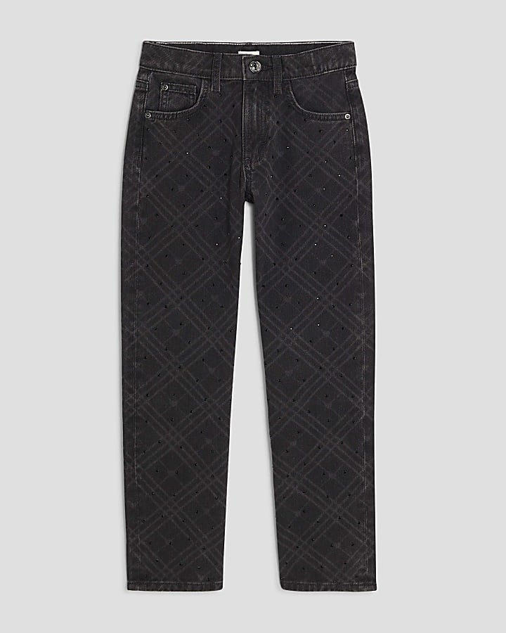 Girls Black Check Hotfix Straight Jeans