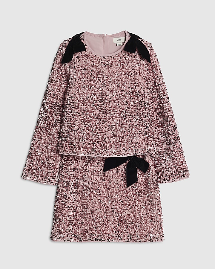 Girls Pink Sequin Bow Top Set