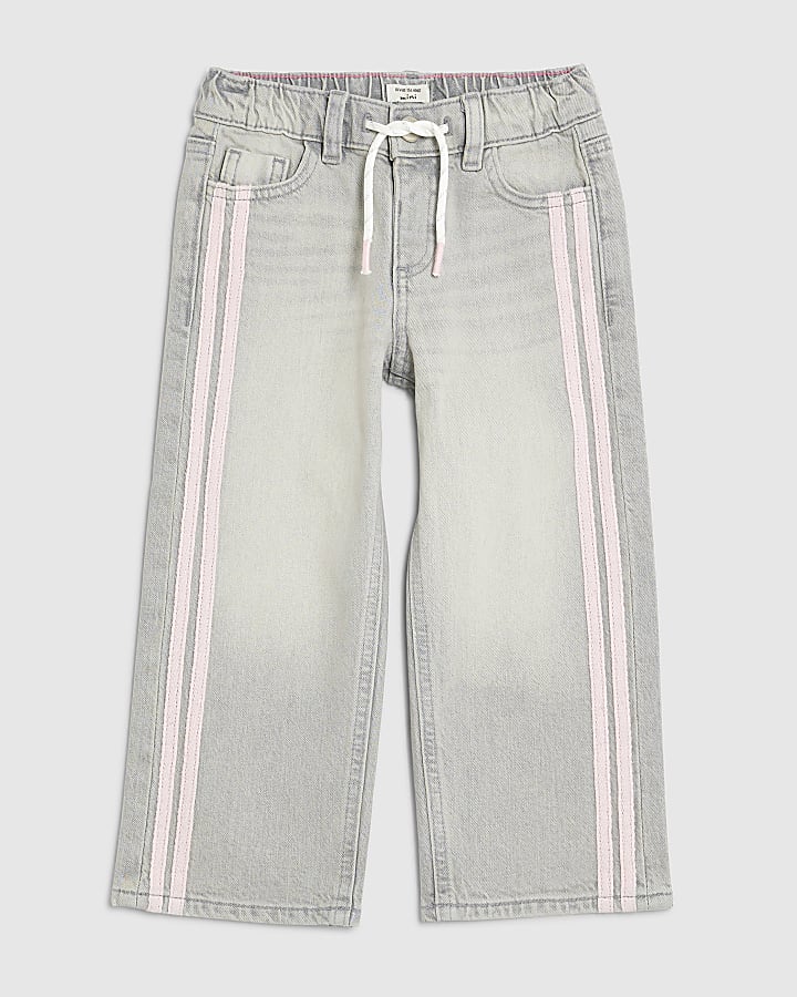 Mini Girls Grey Pull On Stripe Wide Leg Jeans