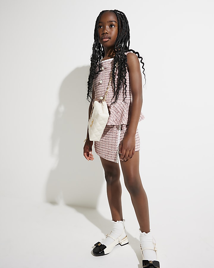 Girls Pink Boucle Check Peplum Top