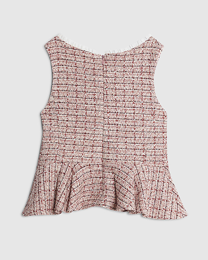 Girls Pink Boucle Check Peplum Top