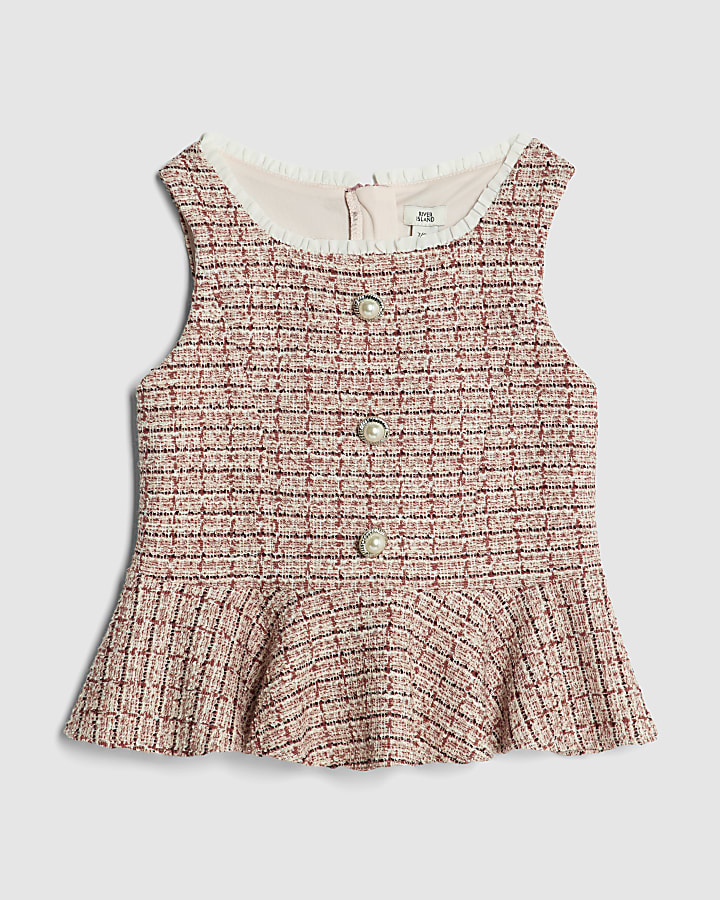 Girls Pink Boucle Check Peplum Top