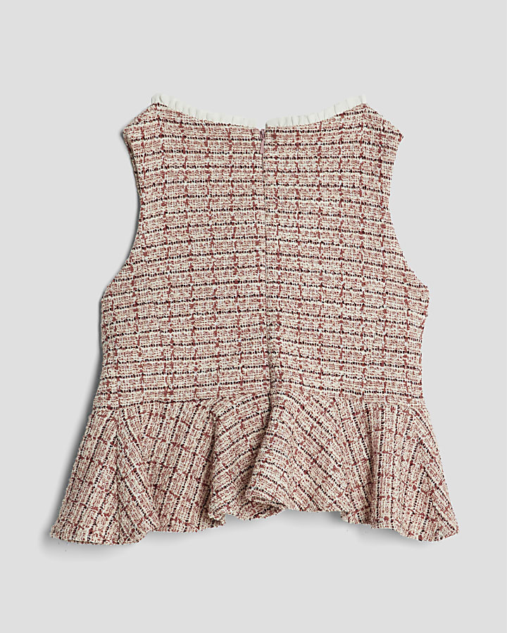 Girls Pink Boucle Check Peplum Top