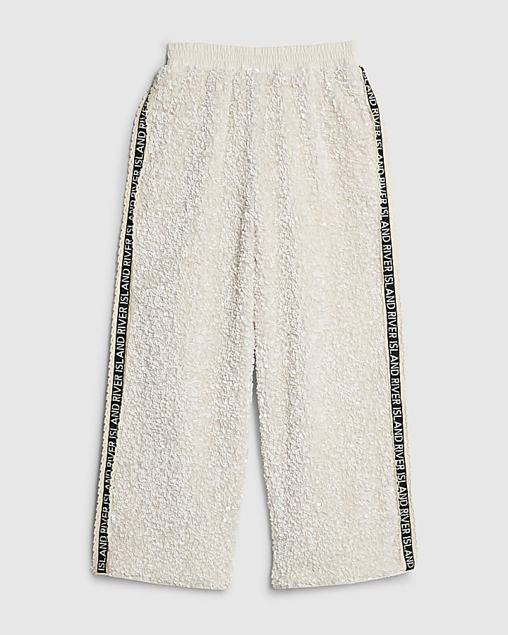 Girls Cream Sequin RI Side Taped Trousers