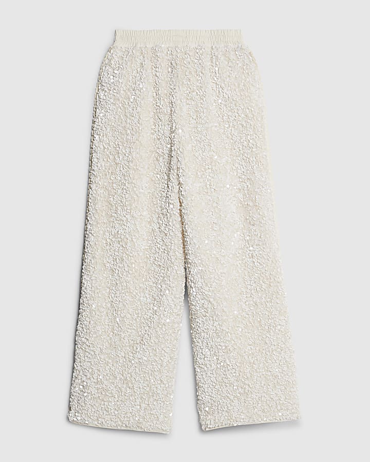 Girls Cream Sequin RI Side Taped Trousers