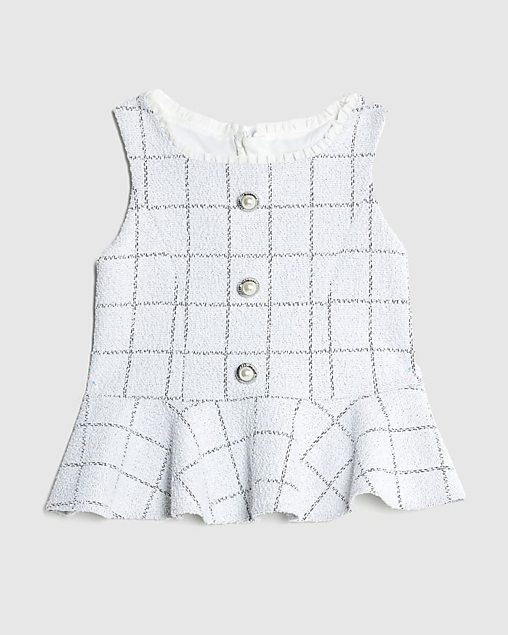 Girls White Boucle Check Peplum Top
