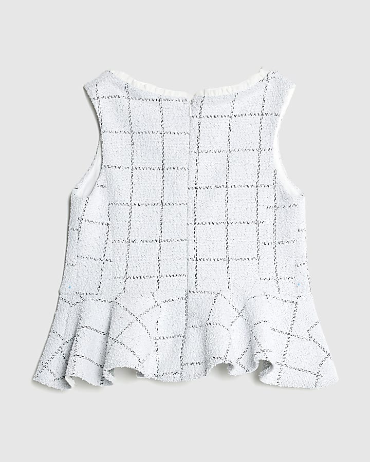Girls White Boucle Check Peplum Top