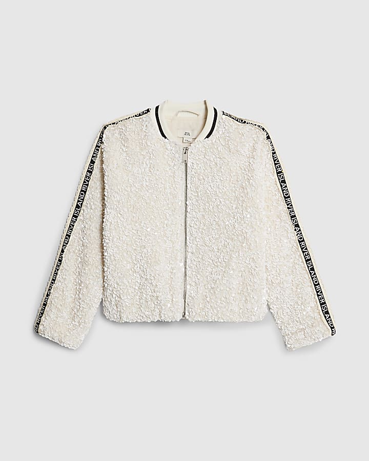 Girls Cream Sequin Bomber Jacket