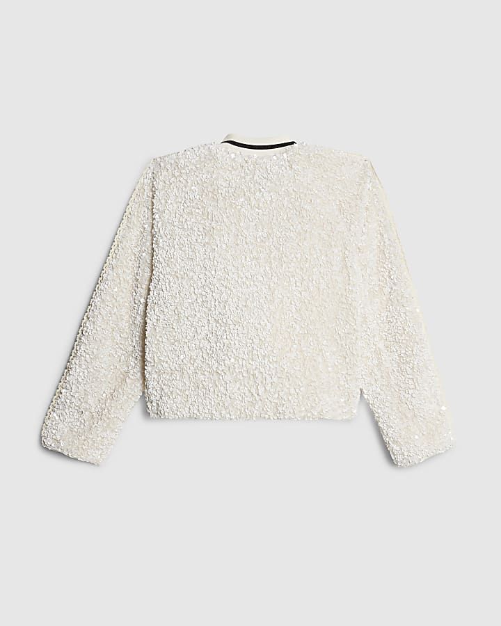 Girls Cream Sequin Bomber Jacket